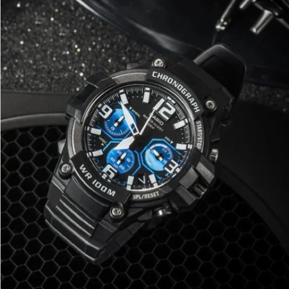 Casio MCW-100H Black and Blue Chronograph Timepiece - Picture 3 of 5